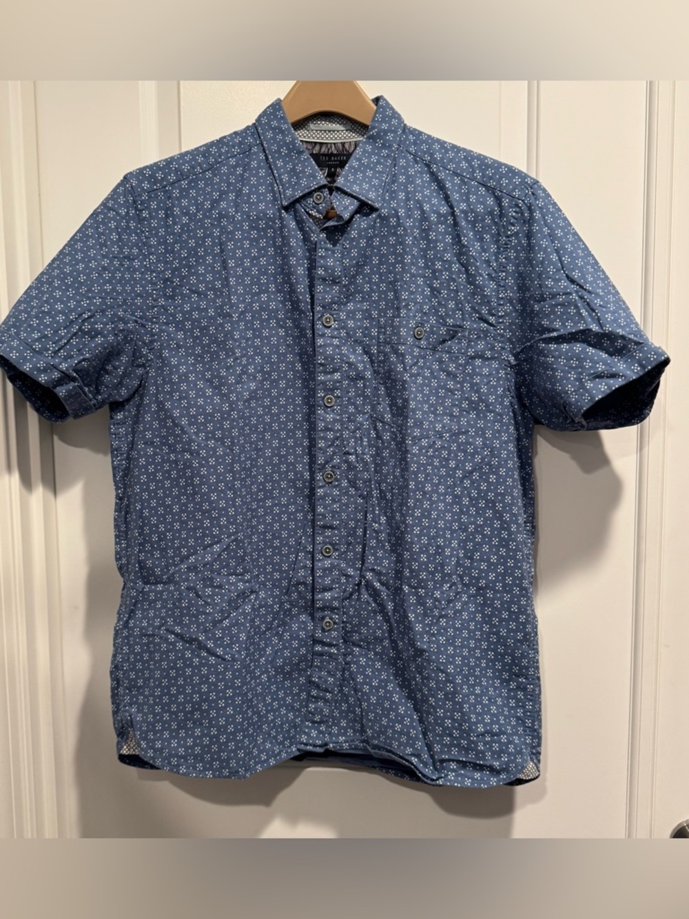 Ted Baker Blue Short-Sleeve Button-Down with White Micro Pattern